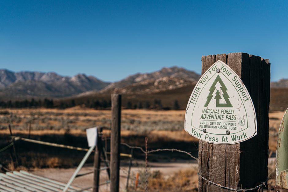 A close-up view of a wooden post outdoors, featuring a circular green and white National Forest Adventure Pass sticker with the message 'Thank You For Your Support' and 'Your Pass At Work.' The post is part of a fence that runs along a roadside, with a blurred landscape of dry grass, sparse trees, and distant mountains under a clear blue sky in the background. This scene suggests a rural or natural environment, relevant to outdoor activities or land management, and complements the context of house removals and packing logistics by illustrating transportation or access permits for vehicles accessing natural sites, as managed by Man with Van Rainham in their removals services.