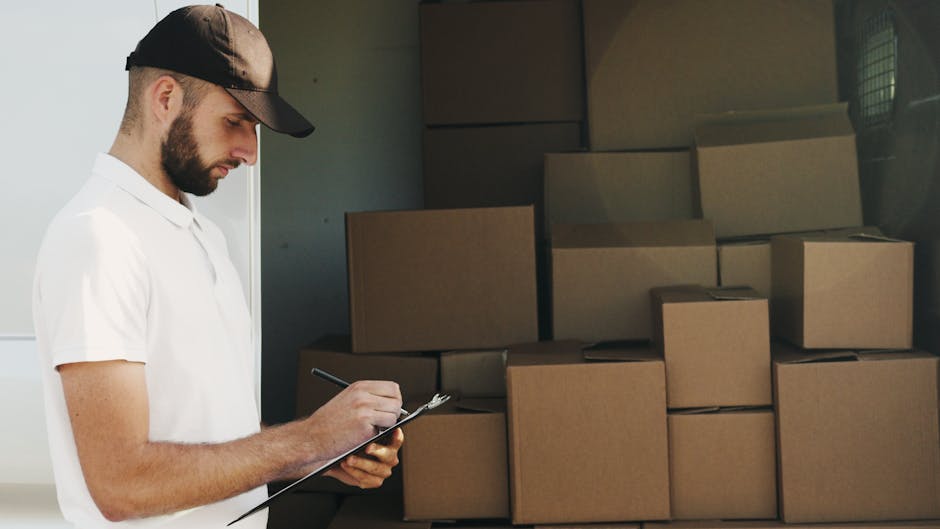 A man with a dark cap and a white polo shirt is standing indoors in front of a stack of cardboard boxes arranged on a dark surface. He is holding a clipboard and pen, appearing to take notes or check inventory related to house removals and furniture transport. The boxes appear to be packed and sealed, possibly prepared for a home relocation or moving process. The background shows a dimly lit room with a smooth surface, and the environment suggests staging or organizing items before their transfer. This scene is associated with professional removals services, such as those offered by Man with Van Rainham, supporting the logistics of packing, loading, and moving household belongings safely and efficiently.