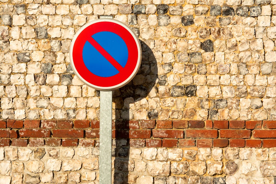 A circular no parking sign with a blue background and a red border and slash is mounted on a grey metal pole against a textured stone wall composed of small, irregularly shaped stones in beige, grey, and brown tones. The wall has a horizontal row of red bricks near the bottom, providing a contrast to the stone surface. The sign casts a distinct shadow on the wall, indicating bright sunlight. The scene is outside a property, with the sign positioned adjacent to the pavement, which is not visible in the image. The border of the image emphasizes the sign and wall, reflecting themes of parking restrictions and home relocation logistics, as handled by Man with Van Rainham, within the context of house removals services, especially when navigating parking and loading rules in Rainham.